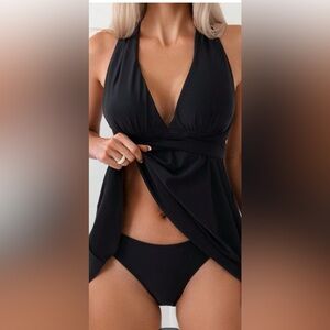 NWOT Black Ruched Halter Backless Swim Dress